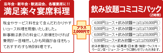 満足楽々宴席料理　プラス2,000円で　飲み放題コミコミパック（2時間）